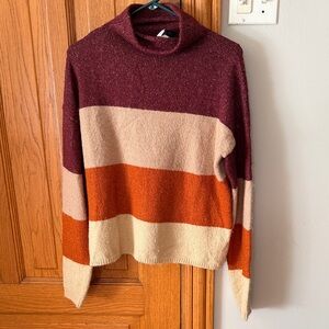 Colorblock Turtleneck Sweater - Burgundy, Cream, and Orange